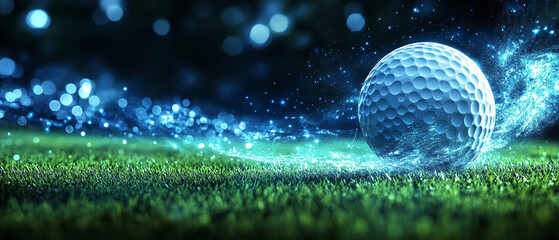 golf banner design: Futuristic Golf Banner Featuring Golf Ball in Motion with Glowing Light Effects, Tournament Banner, Golf Ad