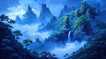   A waterfall painting in the heart of a lush forest, surrounded by towering trees and a bright blue sky