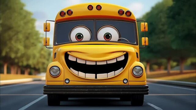 Cute animated school bus with a wide, joyful grin and big eyes

