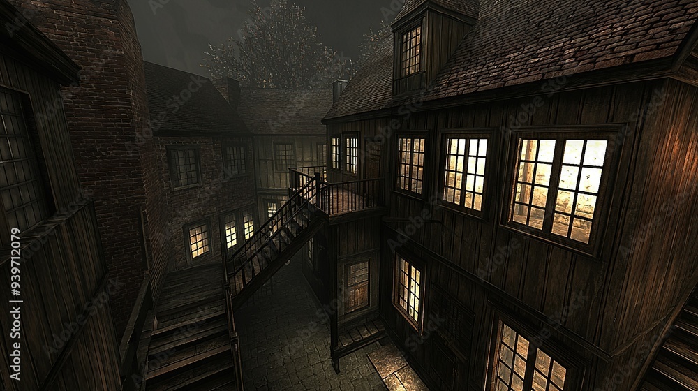 Poster a night scene of a building with a staircase leading to the second floor and a clock on its side