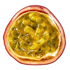 A half a passion fruit. The inside is bright yellow and full of seeds, clearly visible. The outer...