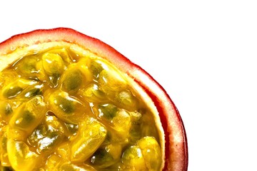 A half a passion fruit. The inside is bright yellow and full of seeds, clearly visible. The outer...