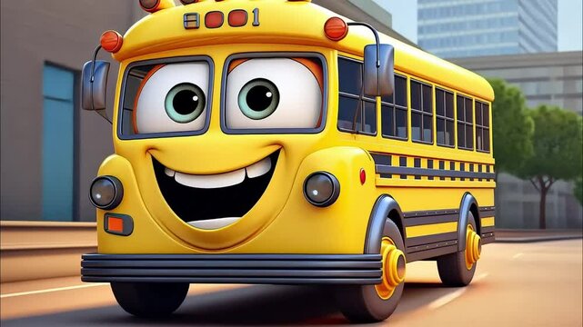 Smiling animated school bus with large eyes and a joyful expression
