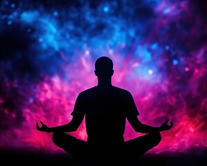 Silhouette of a person meditating against a vibrant, cosmic background. Ideal for themes of peace, spirituality, and inner reflection.