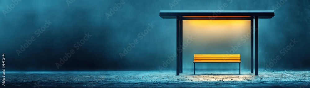 Aufkleber a serene bus stop illuminated by soft light amidst a foggy atmosphere, creating a calming and reflec