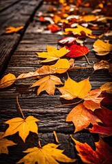 Obraz premium vibrant autumn foliage spread across rustic wooden surface showcasing rich colors textures fall leaves, nature, season, yellow, orange, red, green, scenery