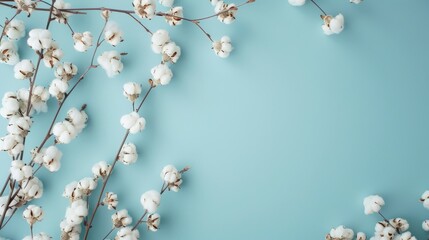 Cotton flowers on light blue background, minimal composition. Spring and nature concept