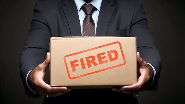 Businessman holding a box with a "FIRED" stamp on it
