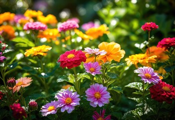 vibrant close colorful garden blooms lush foliage showcasing beauty, annual, arrangement, blossoms, botanical, bright, composition, contrast, decorative