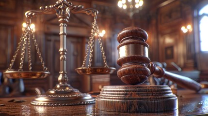 Judicial gavel and scales of justice in a courtroom, with dramatic lighting and warm tones.