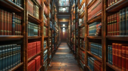 A narrow passage between book stacks in an academic library, capturing an ambient lighting and scholarly atmosphere.