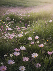 Fototapeta premium An aesthetic wallpaper design depicting a serene spring meadow with blooming wildflowers