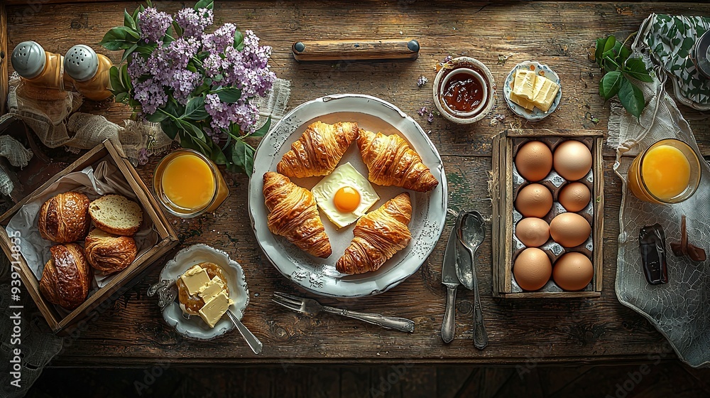 Poster a table topped with a plate of eggs and croissants next to a box of buttered eggs