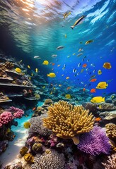 Obraz premium vibrant coral reef teeming diverse marine life showcasing colorful underwater flora stunning aquatic ecosystem, fish, diversity, fauna, colors, ocean