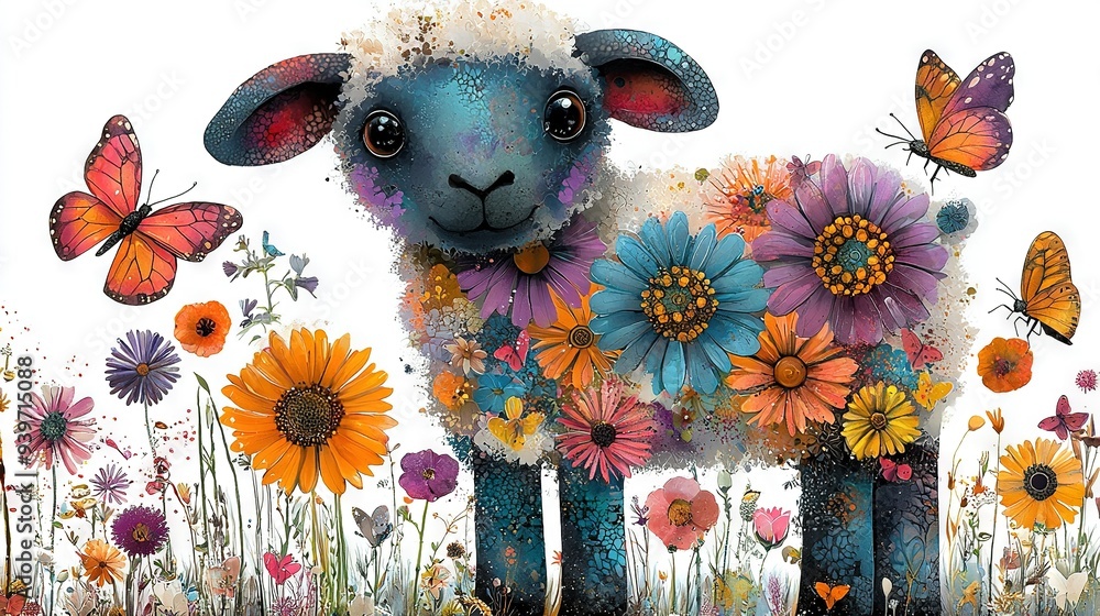 Poster a sheep stands amidst a field of blooms with a butterfly perched on its back and another fluttering 