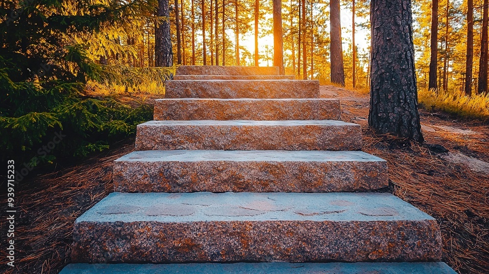 Poster a path of stones in a woodland with rays of sunlight filtering from above