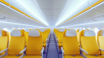 Empty Airplane Cabin Rows with Yellow Seats