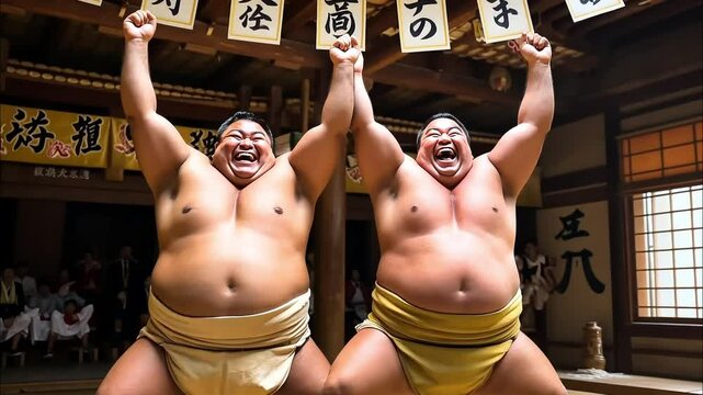 Two sumo wrestlers celebrating with raised arms in a traditional setting
