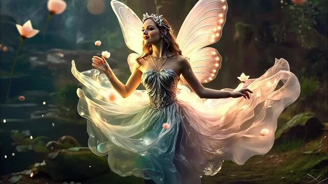 Fantasy scene with a fairy wearing a glowing dress and wings, surrounded by magical light

