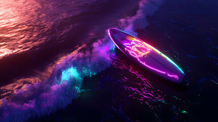 A nighttime surfing scene with a surfboard illuminated by glowing neon lights, casting colorful reflections on the dark water
