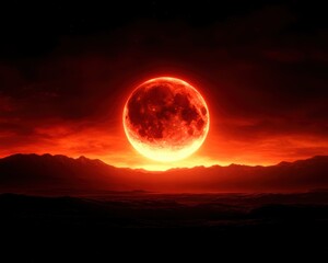 Stunning image of a red full moon rising above mountain peaks under a dark, dramatic sky. Perfect for night, landscape, and nature themed projects.