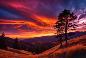 vibrant sunset over serene landscape featuring silhouettes trees rolling hills under colorful sky, colors, nature, scenery, horizon, light, clouds, dusk