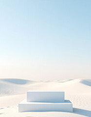 Square podium on white sand with blue sky in background