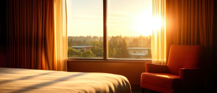 Sunlight streaming into a cozy hotel room with a comfortable chair and a window view overlooking a serene landscape at dawn.