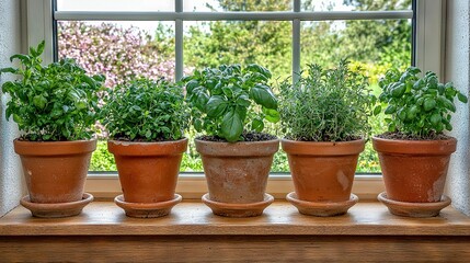 Fototapeta premium Potted plants sit on window sill