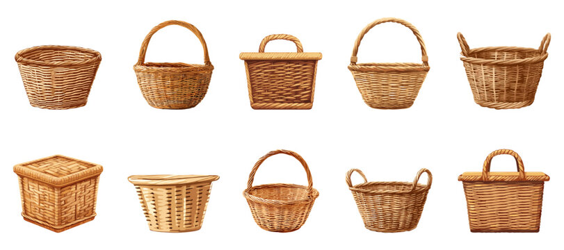 Woven rustic wicker basket set. With and without handle. Square and round shape. Element for garden harvest bbq picnic flower mushrooms easter egg eco box. Empty gift hamper. Cartoon style isolated