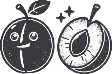 Grunge-Style Plum Smiling Fruit Character with Texture, Rough Hand-Drawn with Grainy Print Effect.