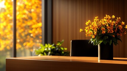 Sunlit workspace with a modern desk adorned with a vibrant flower vase, offering a warm and inviting atmosphere.