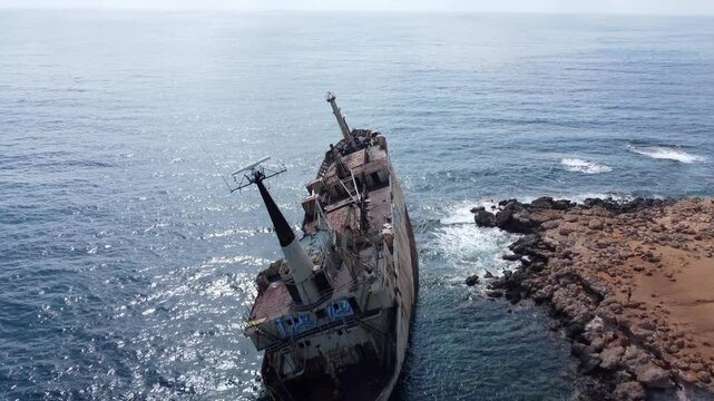 Erdo shipwreck near Paphos Cyprus. Drone flight lengthwise