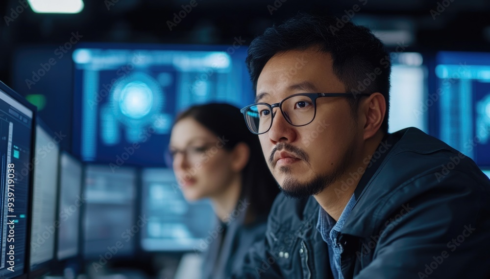 Poster two analysts focus on detecting ai-related cybersecurity threats in a darkened workspace
