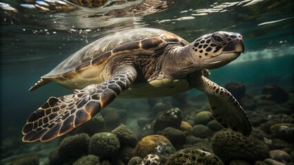 Turtle with rugged mosaic shell of earthy tones gracefully swimming in the depths of a crystal clear ocean
