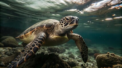 Turtle with rugged mosaic shell of earthy tones gracefully swimming in the depths of a crystal clear ocean
