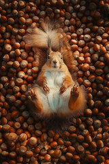 Cute squirrel lying on a background of nuts. Generated AI