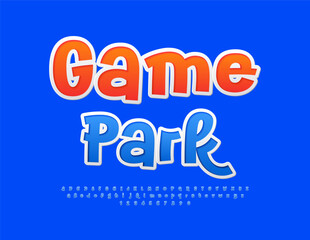 Vector creative Poster Game Park. `funny `blue Font. Bright sticker Alphabet Letters and Numbers set.