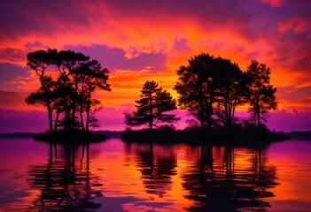 vivid sunset hues reflecting serene water surface creating tranquil colorful natural scene, reflections, nature, sky, clouds, landscape, scenery, orange