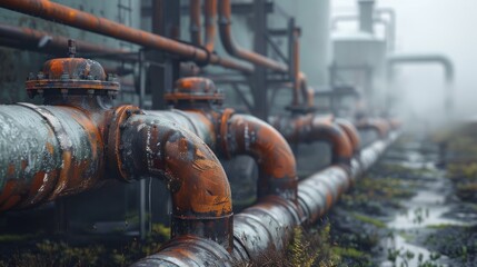 Steam pipes in the outdoor section of a power generation plant, highlighted by ambient lighting and a technical environment.