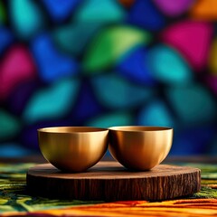 Two brass bowls on rustic wooden base with colorful background. Bright, artistic, and vibrant decor. Ideal for various design themes.