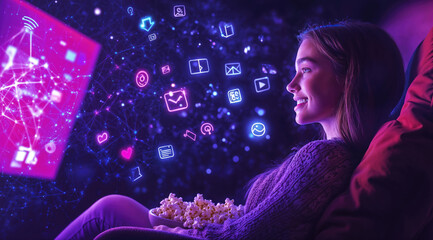 Woman watching streaming services content with augmented reality entertainment icons