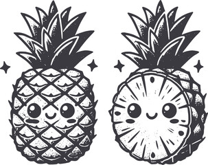 Grunge-Style Pineapple Smiling Fruit Character with Texture, Rough Hand-Drawn with Grainy Print Effect.
