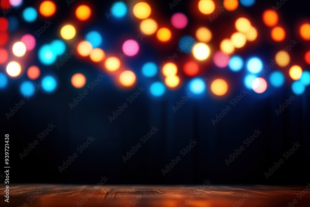 Poster vibrant bokeh lights in diverse colors on a dark background, creating a festive and cheerful atmosph