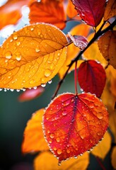Obraz premium vibrant autumn foliage glistening moisture droplets leaves rich colors yellow, red, orange, nature, seasonal, landscape, texture, sunlight, shine, scenic