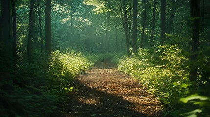 Obraz premium Sunlit forest path with gentle light captured in high-definition for serene and tranquil backgrounds