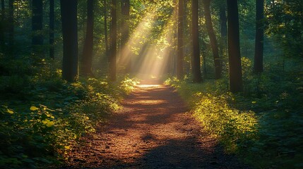 Fototapeta premium Tranquil forest path with dappled sunlight ideal for high-definition and peaceful wallpapers