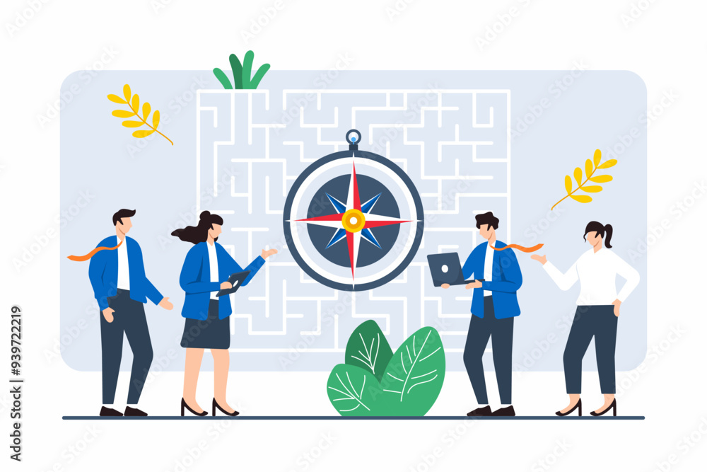 Poster flat illustration of group navigating maze with compass symbolizing problem-solving in business