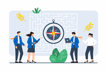 Flat illustration of group navigating maze with compass symbolizing problem-solving in business