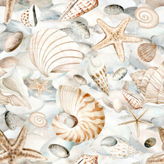 Seamless pattern of beige sea shells, stars and pebbles watercolor illustration. Hand drawn ocean clams clipart for marine and seaside designs in monochrome pastel colors